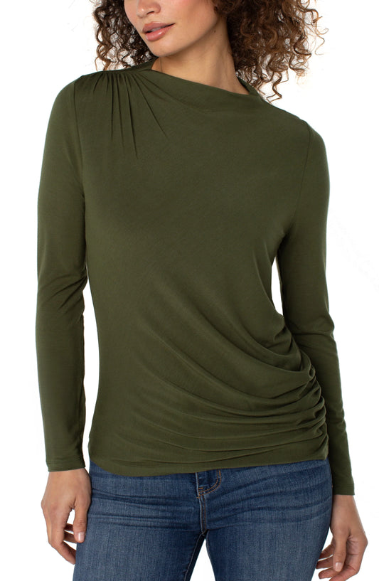 Top--Mock Turtleneck, Shirring, Java OR Forest Shade (Liverpool LA)