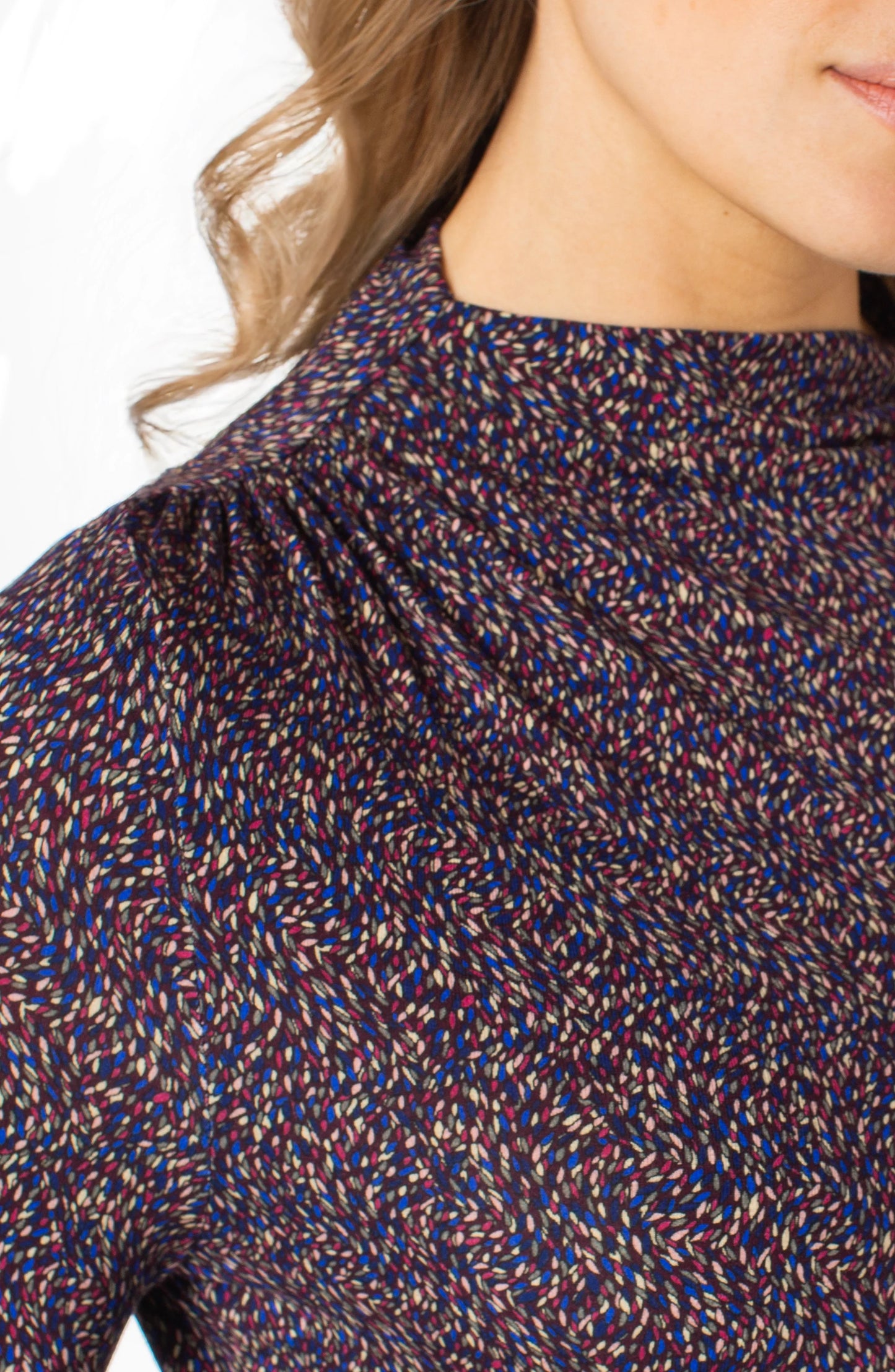 Top--Mock Turtleneck, Shirring, Wineberry Multi (Liverpool LA)