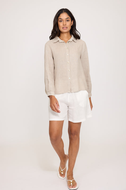 Blouse--Linen, Button, Long Sleeves, Military Green (Pistache)
