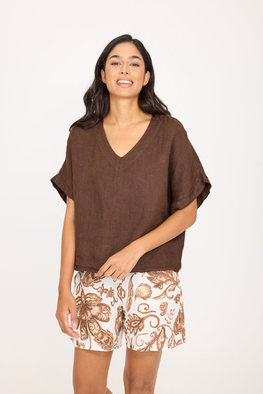 Top--Tunic, V-Neck, Short Sleeve, Linen, Coffee (Pistache)