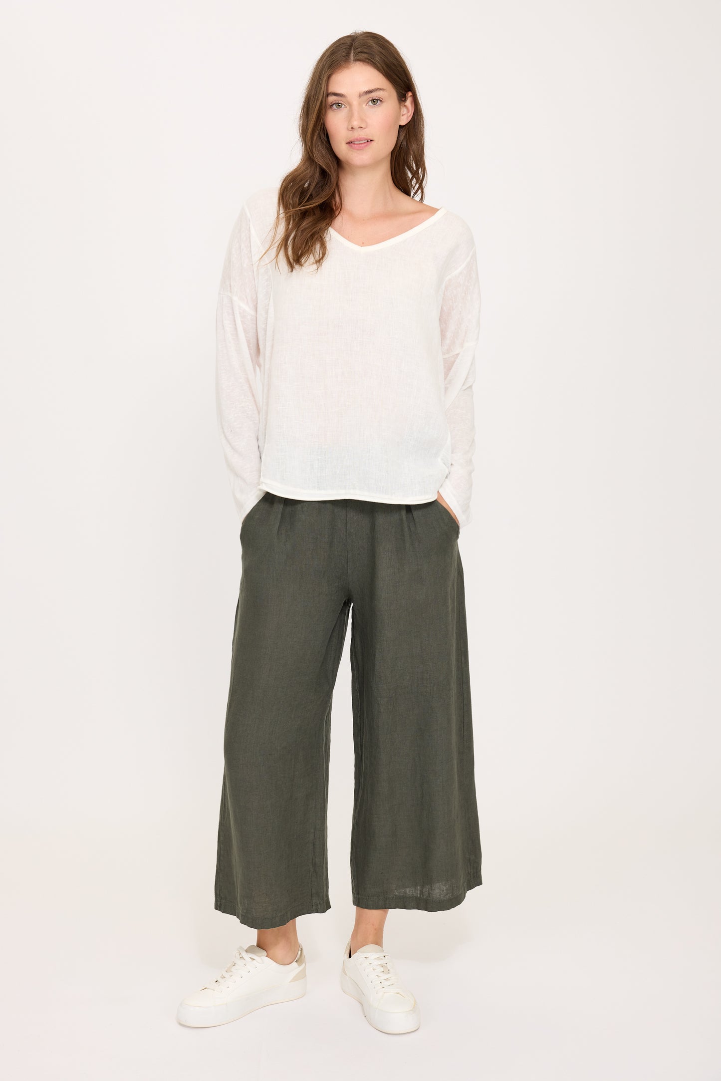 Pants--Cropped, Linen, Military Green (Pistache)