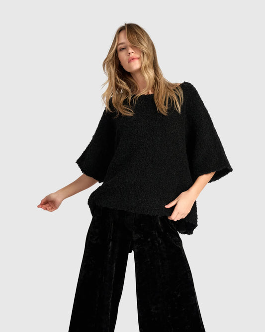 Top--"Brio", Crew Neck, Elbow-Length Sleeves, Boucle--CAMEL (Alembika)