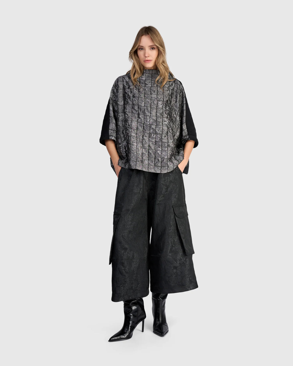 Tunic--Quilted, Funnel Neck, 3/4-Sleeved, Silver (Alembika)