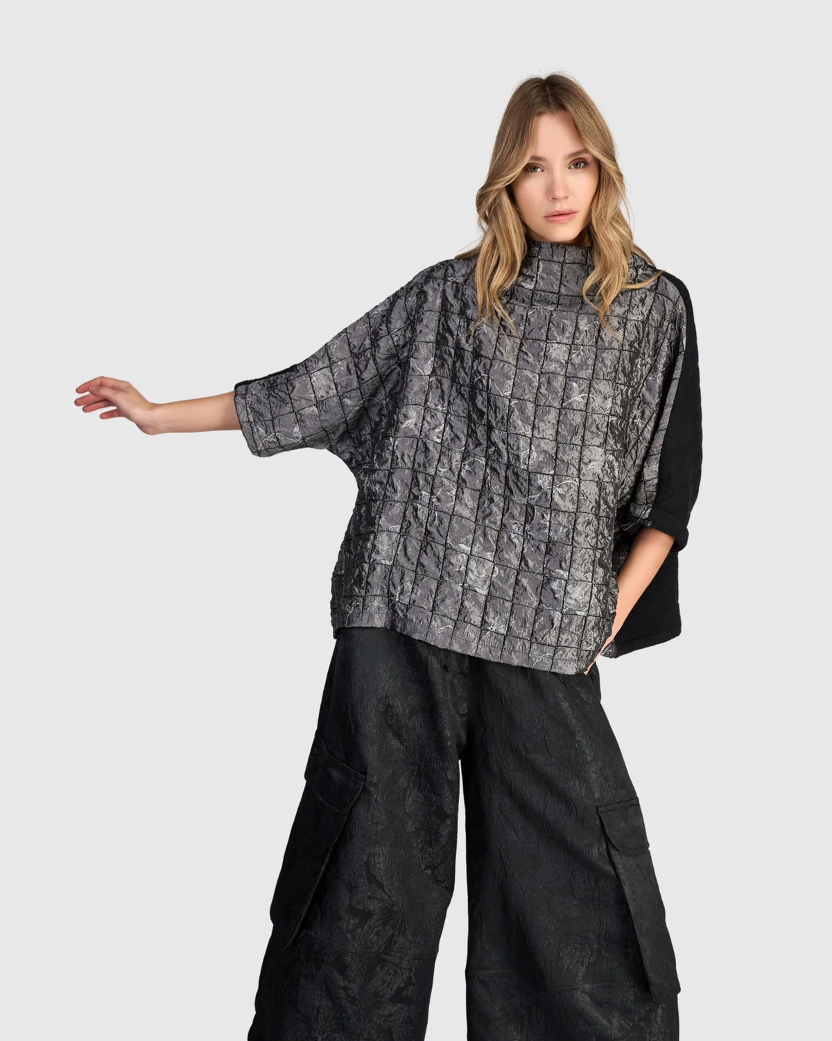 Tunic--Quilted, Funnel Neck, 3/4-Sleeved, Silver (Alembika)