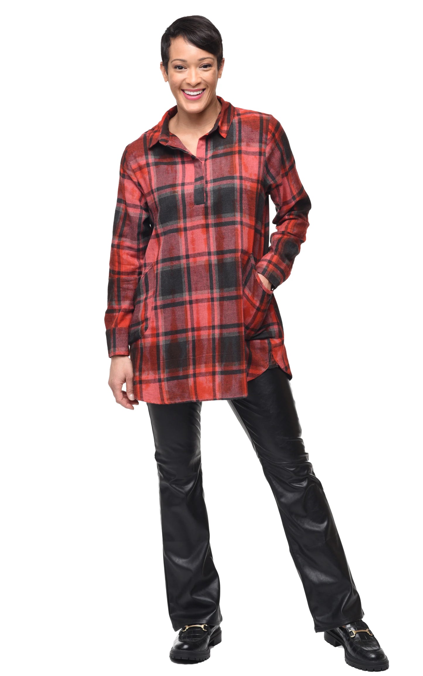 Tunic--"Brenda", Flannel, "Dumbarton" Plaid--Brick/Black/Charcoal (Tulip)