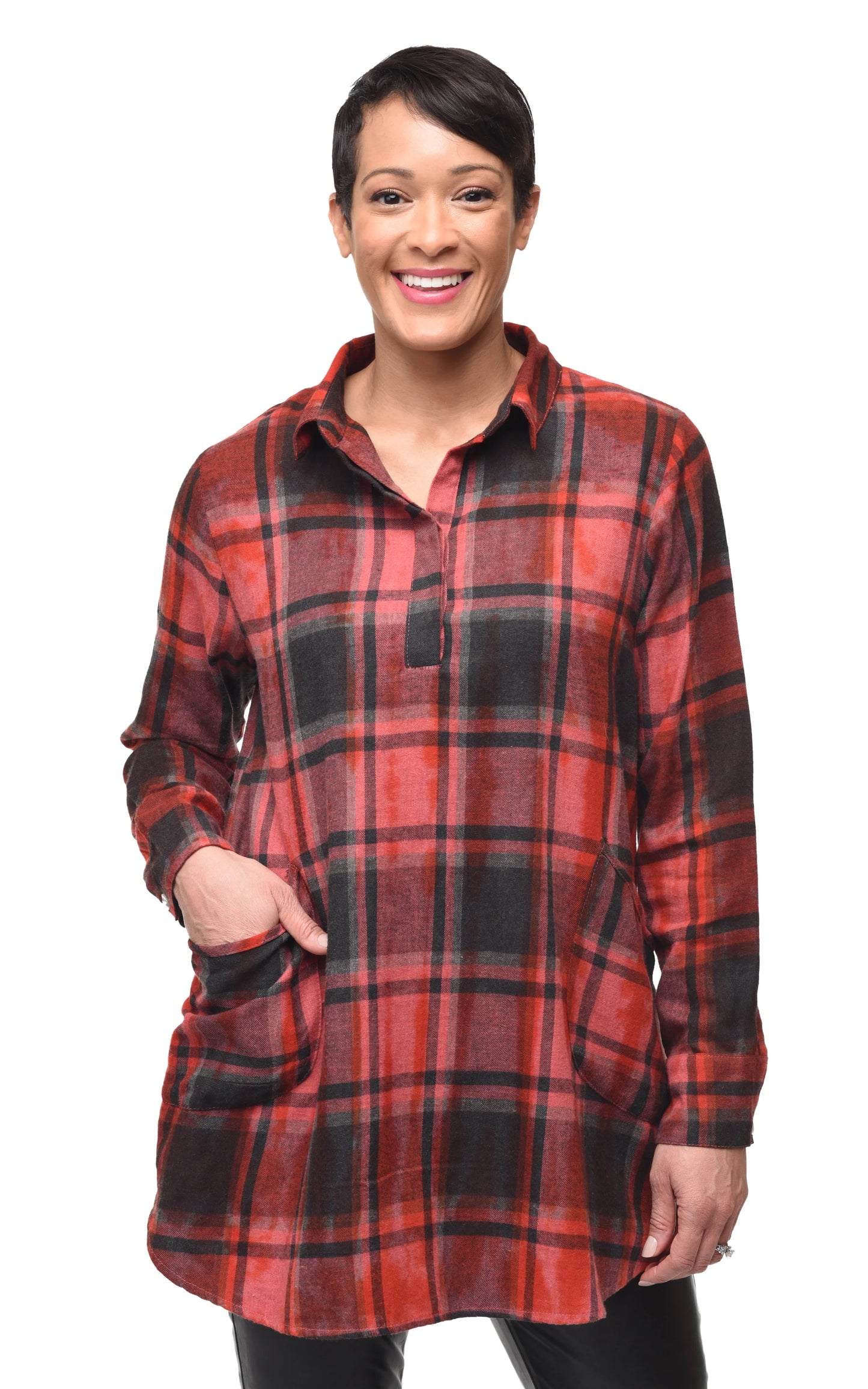 Tunic--"Brenda", Flannel, "Dumbarton" Plaid--Brick/Black/Charcoal (Tulip)