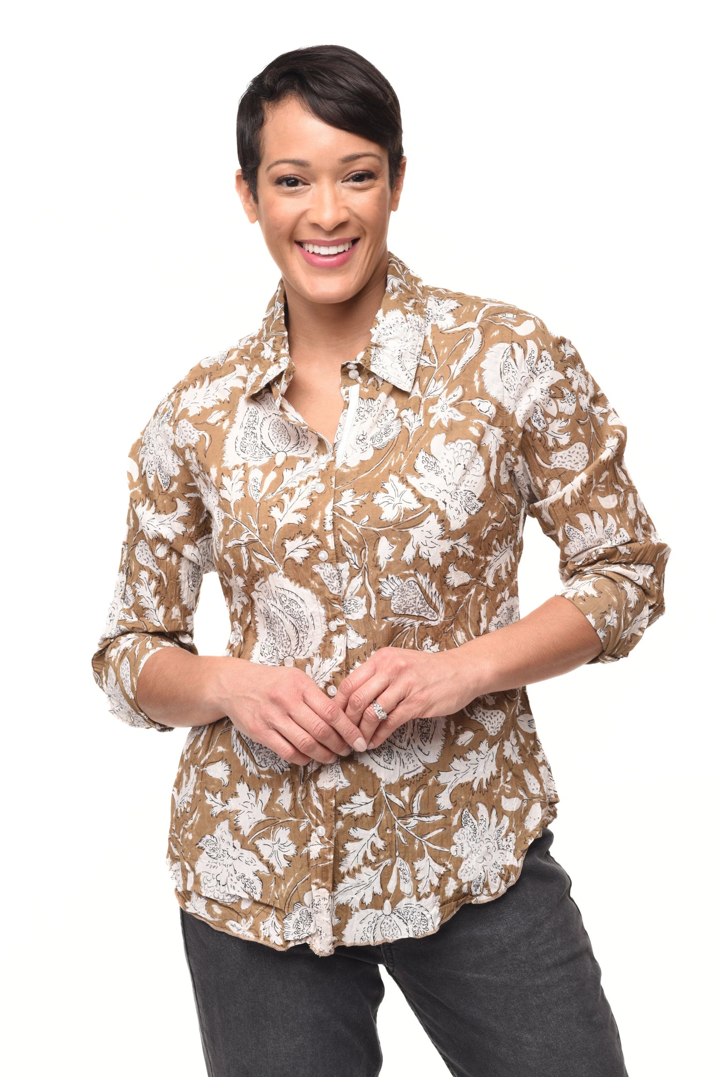 Shirt--"Gretchen", Long Sleeve, Cotton, Nehru--Calf Brown (Tulip)