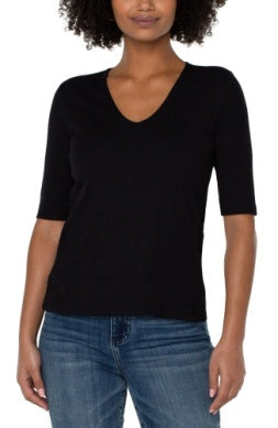 Shirt--V-Neck, Half-Sleeve, Knit, Black (Liverpool LA)