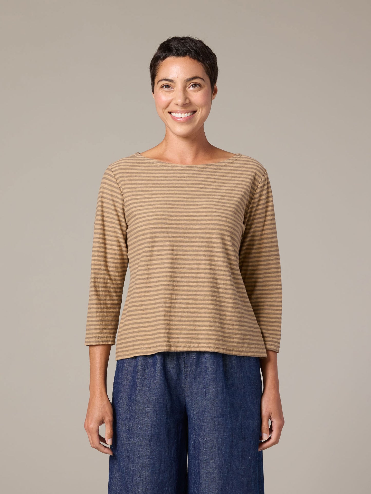 Shirt--Boatneck, 3/4 Sleeve, Striped, Forget-Me-Not (Cut Loose)
