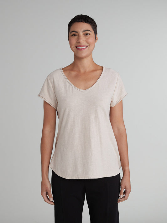 Top--V Neck, Short sleeved, Striped--Navy & Cashew (Cut Loose)