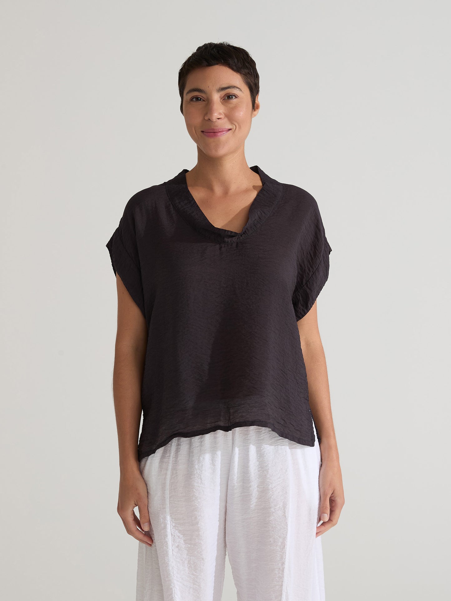 Top--Cowl, Short sleeved, Rayon Blend, Black (Cut Loose)