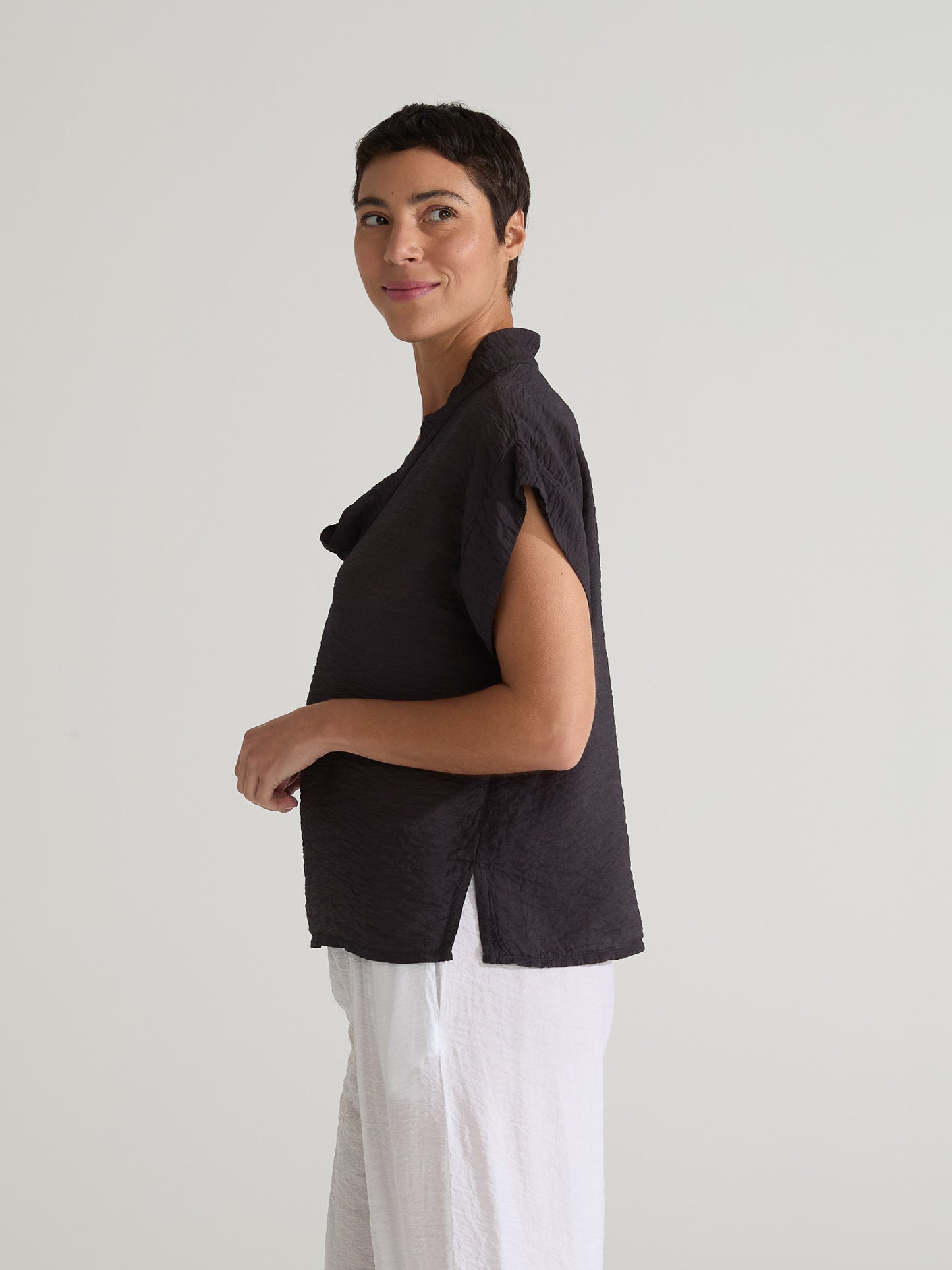 Top--Cowl, Short sleeved, Rayon Blend, Black (Cut Loose)