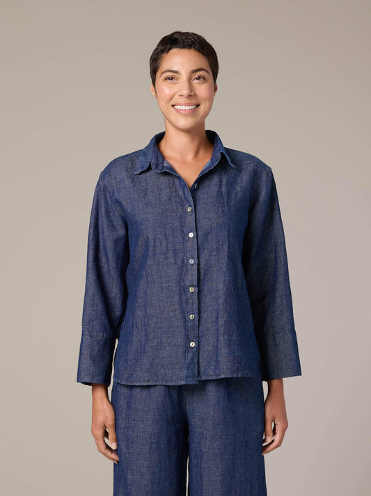 Shirt--"Easy"---CROP, 3/4 Sleeve, Flax-Denim (cut loose)