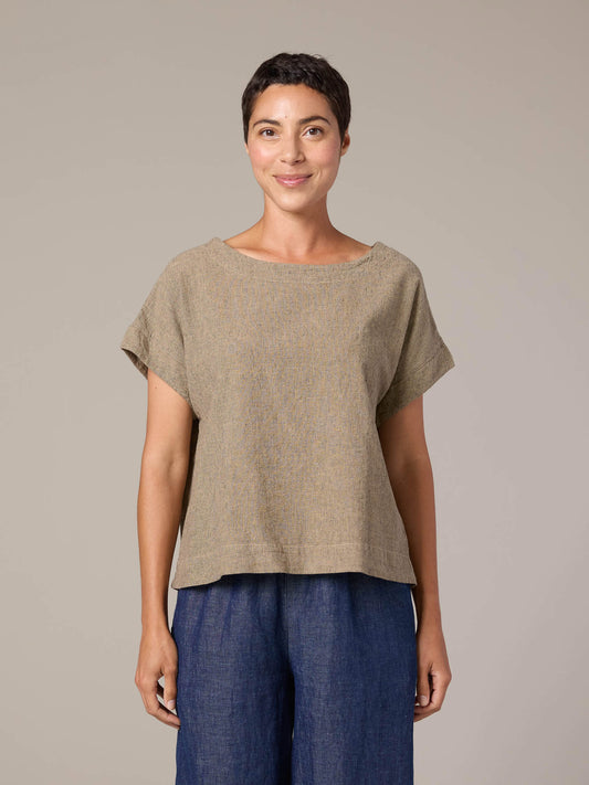Top--Rounded neckline, Short Sleeve, Linen-Cotton, "Hatch"--BELLFLOWER (Cut Loose)