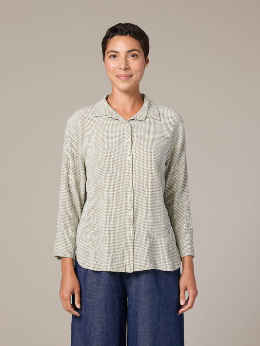 Shirt--"Easy", Crop, 3/4 sleeved, Gingham, Balsam (Cut Loose)