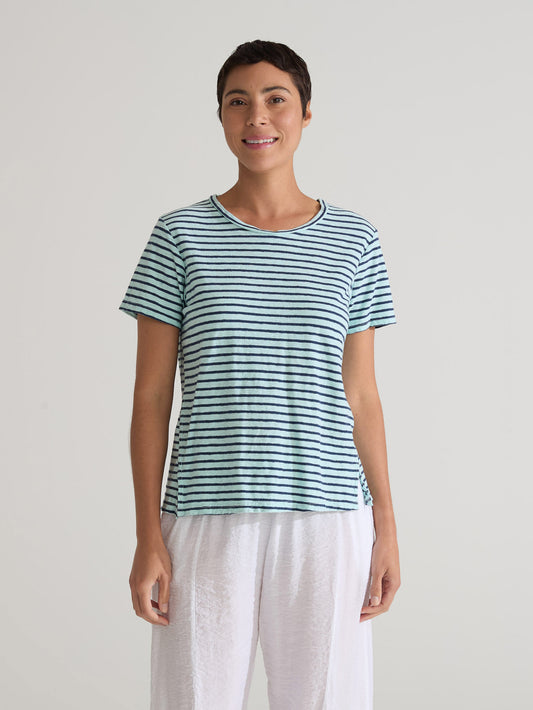 Top--Crop, Short sleeved, Striped, Navy & Mint (Cut Loose)