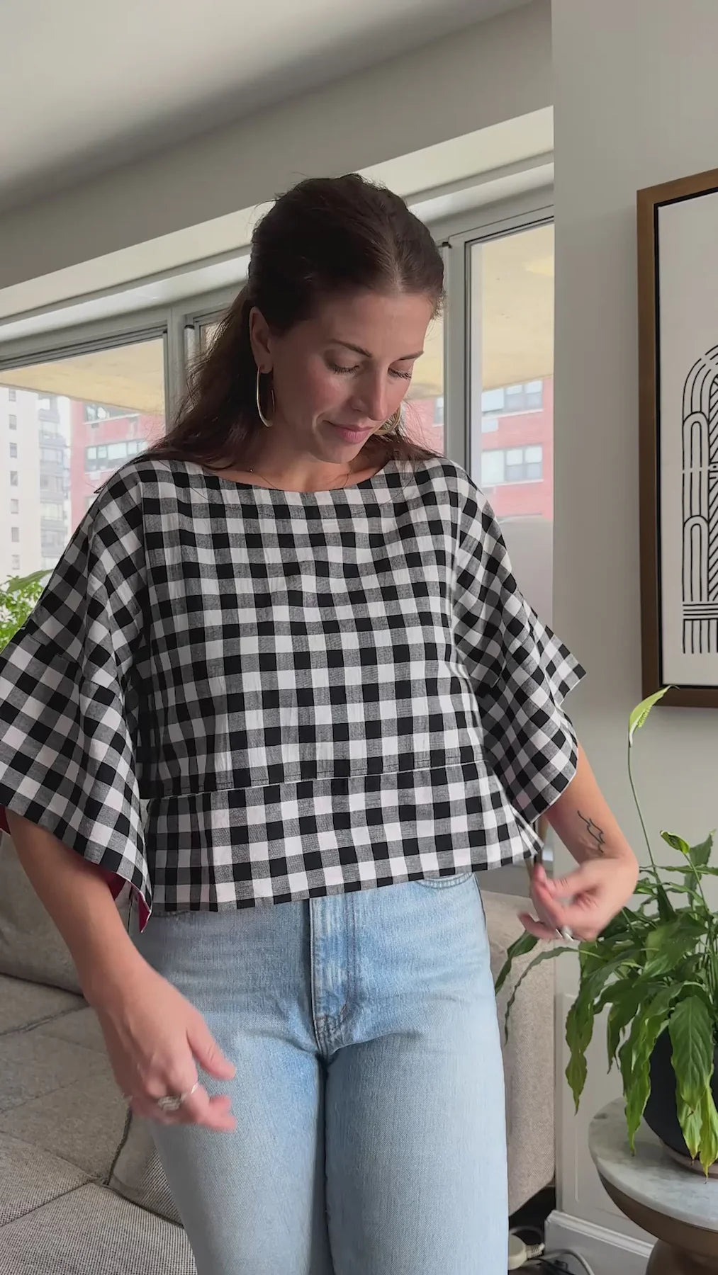 Top--"Mira", "T" shape, Cotton, Chex--BLACK & WHITE (Rujuta Sheth)