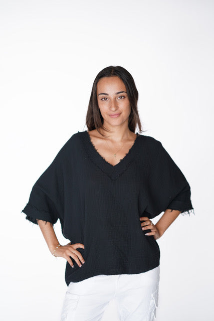 Top--Frayed Edge, V-Neck, Cotton-Crinkle, Black (Amorosa)