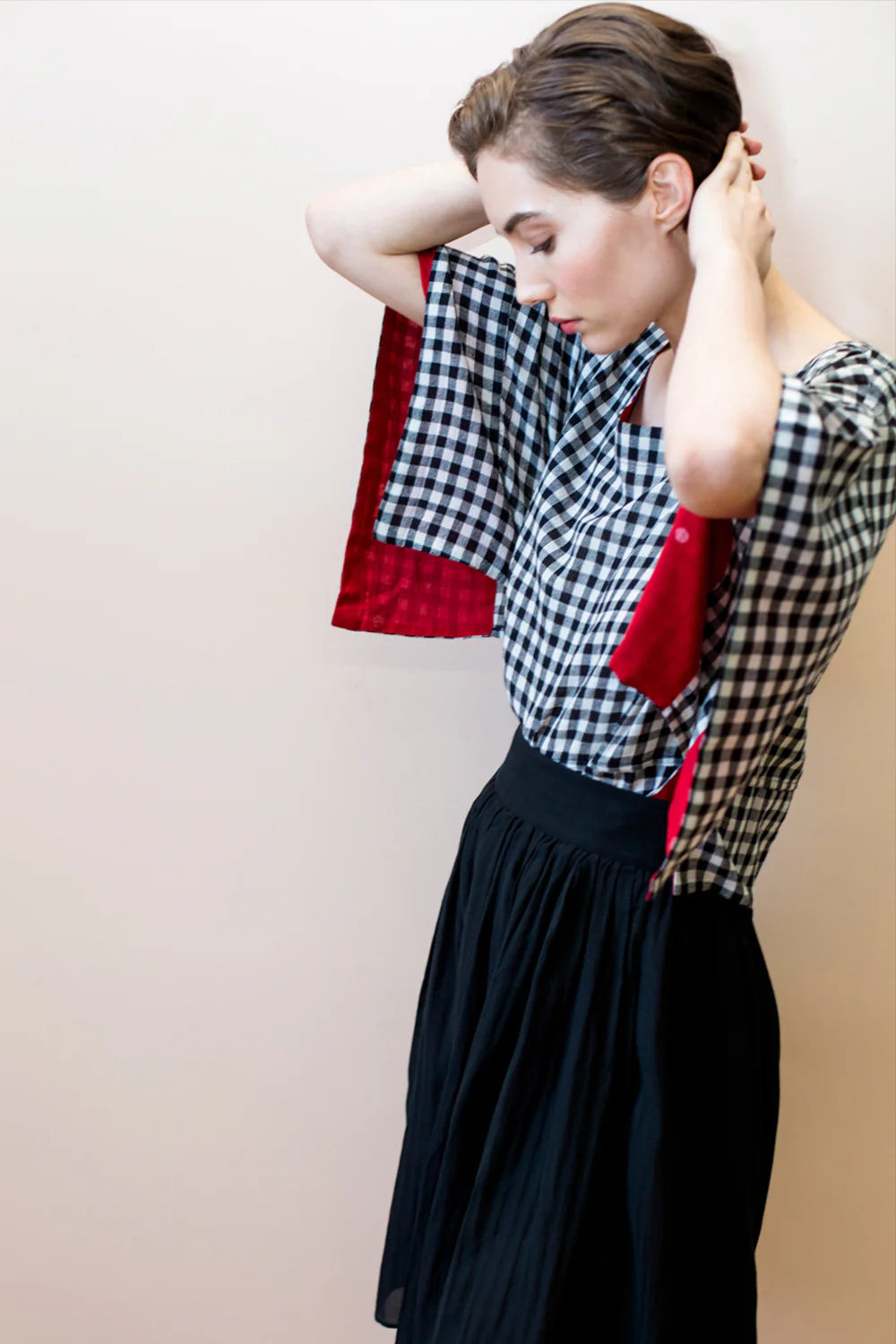 Top--"Mira", "T" shape, Cotton, Chex--BLACK & WHITE (Rujuta Sheth)