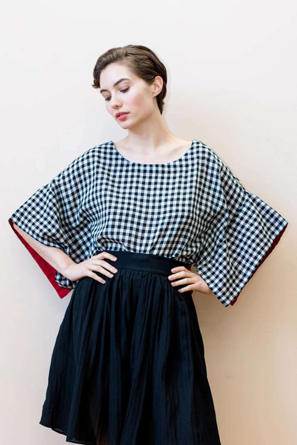 Top--"Mira", "T" shape, Cotton, Chex--BLACK & WHITE (Rujuta Sheth)