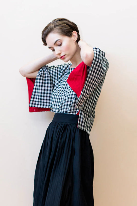 Top--"Mira", "T" shape, Cotton, Chex--BLACK & WHITE (Rujuta Sheth)