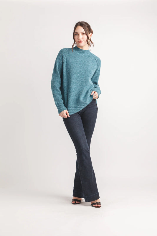 Sweater--Mock Turtleneck, Hi-Lo Hem, Poly-Blend, Heathered--BLUE TEAL (Papillon)