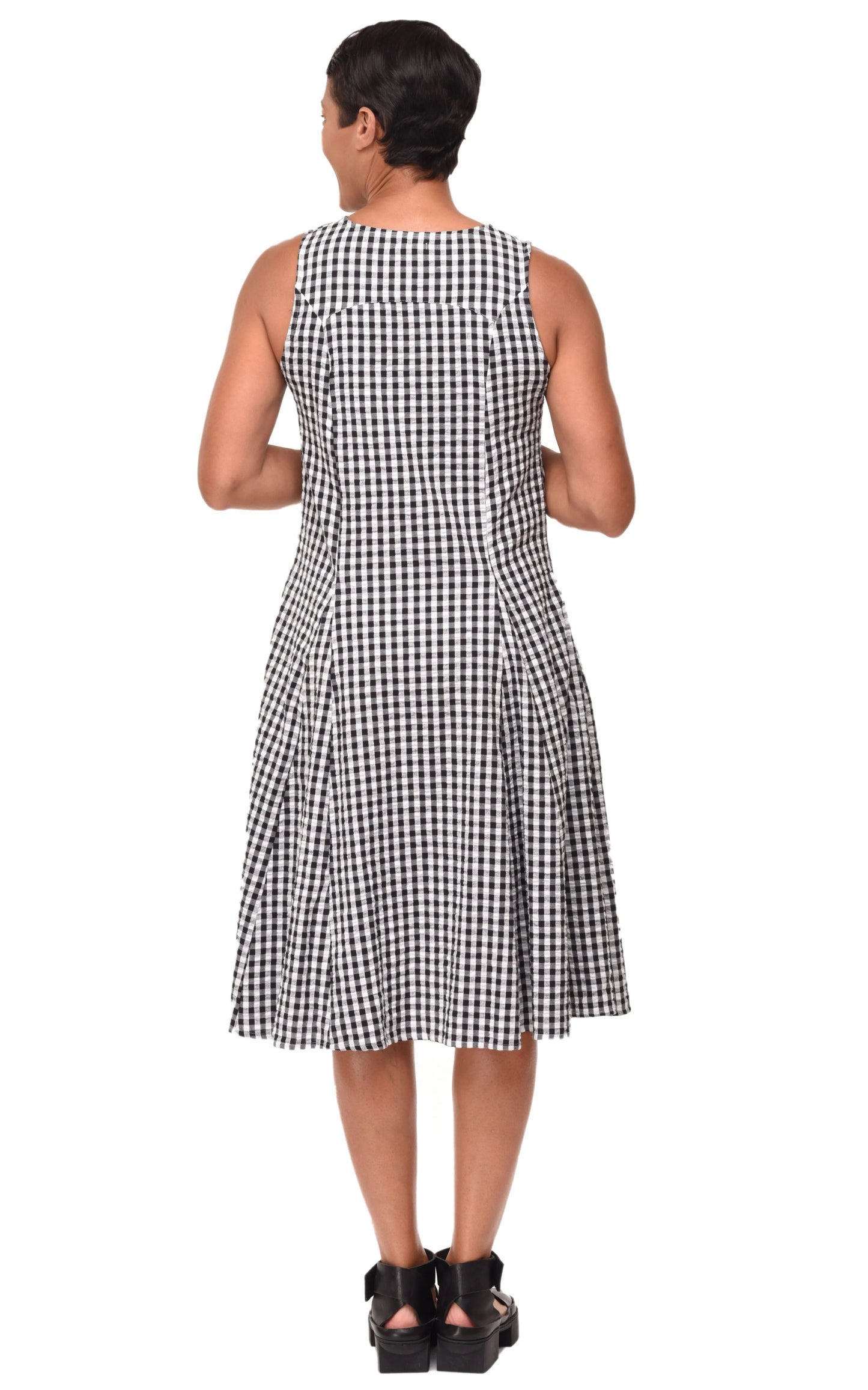 Dress--"Poppie", Sleeveless, Cotton, Big Indy Checks--Black & White (Tulip)