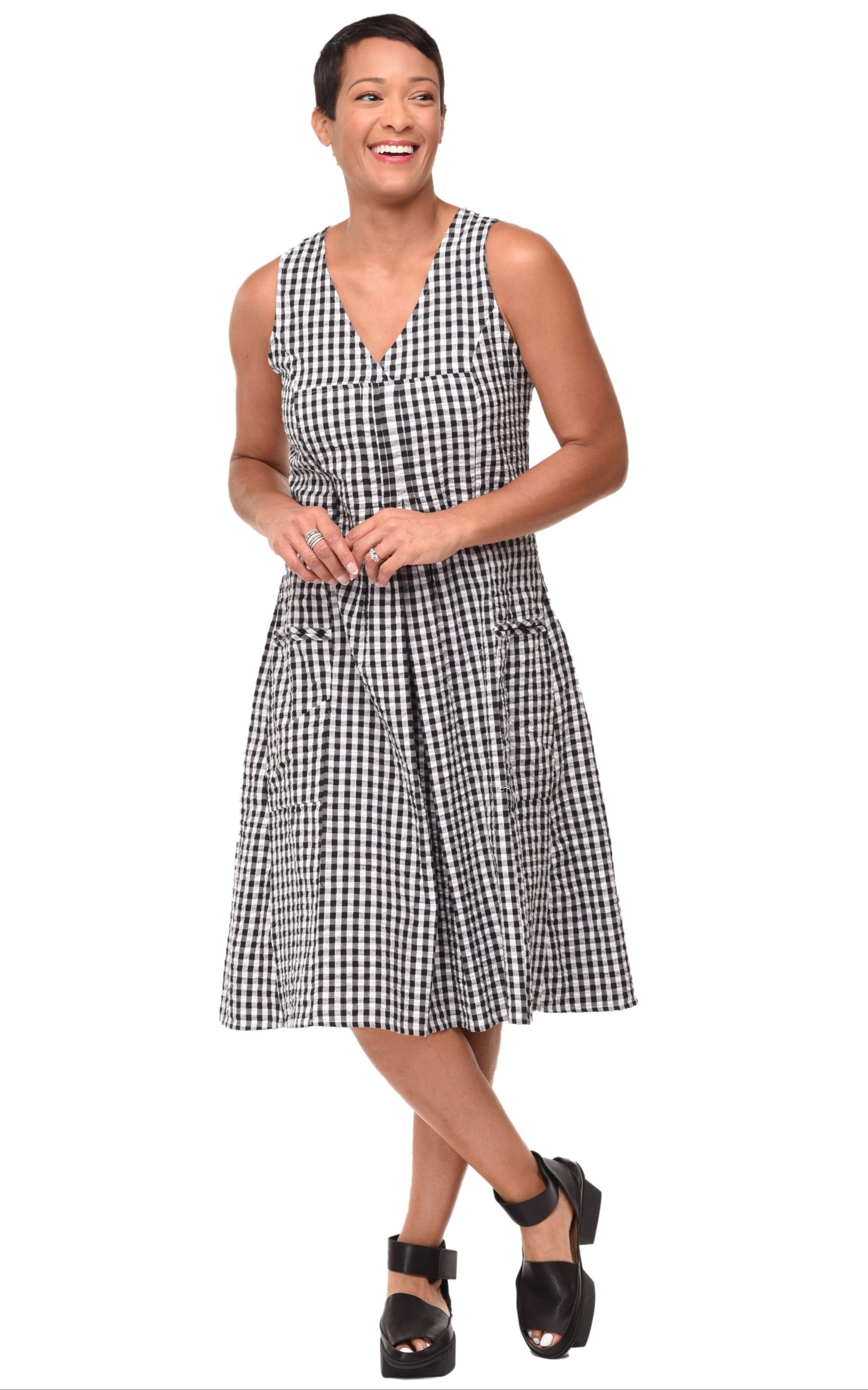 Dress--"Poppie", Sleeveless, Cotton, Big Indy Checks--Black & White (Tulip)