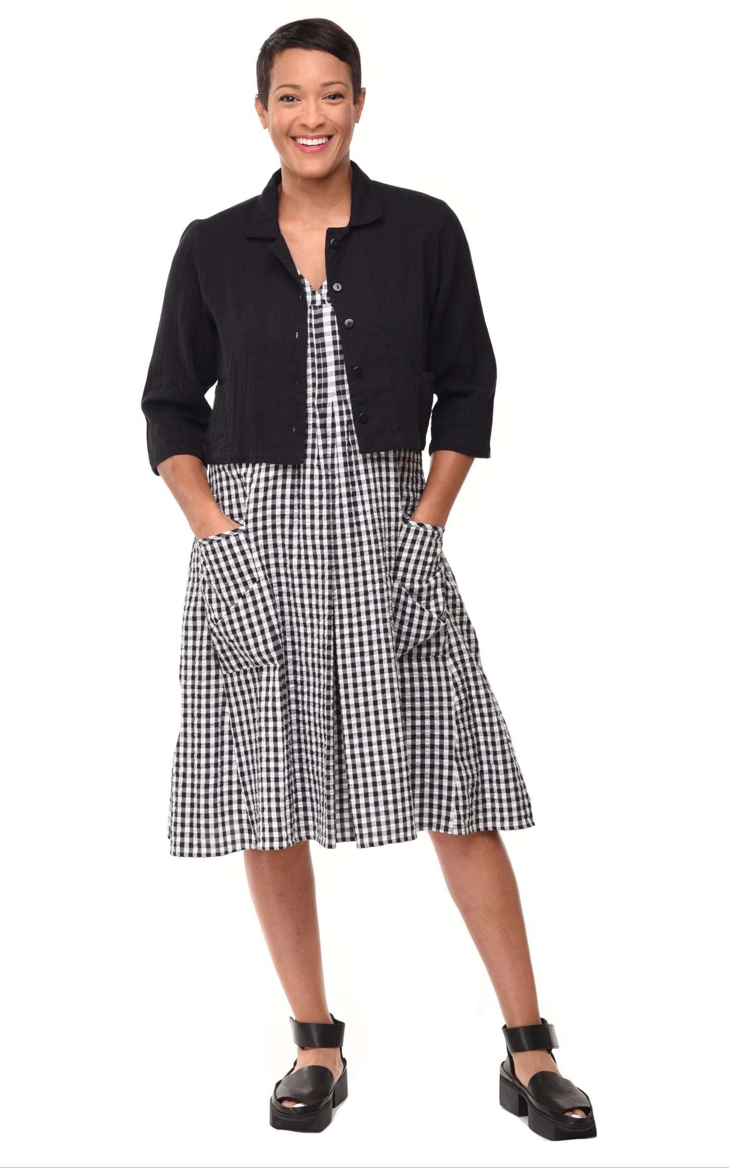 Dress--"Poppie", Sleeveless, Cotton, Big Indy Checks--Black & White (Tulip)