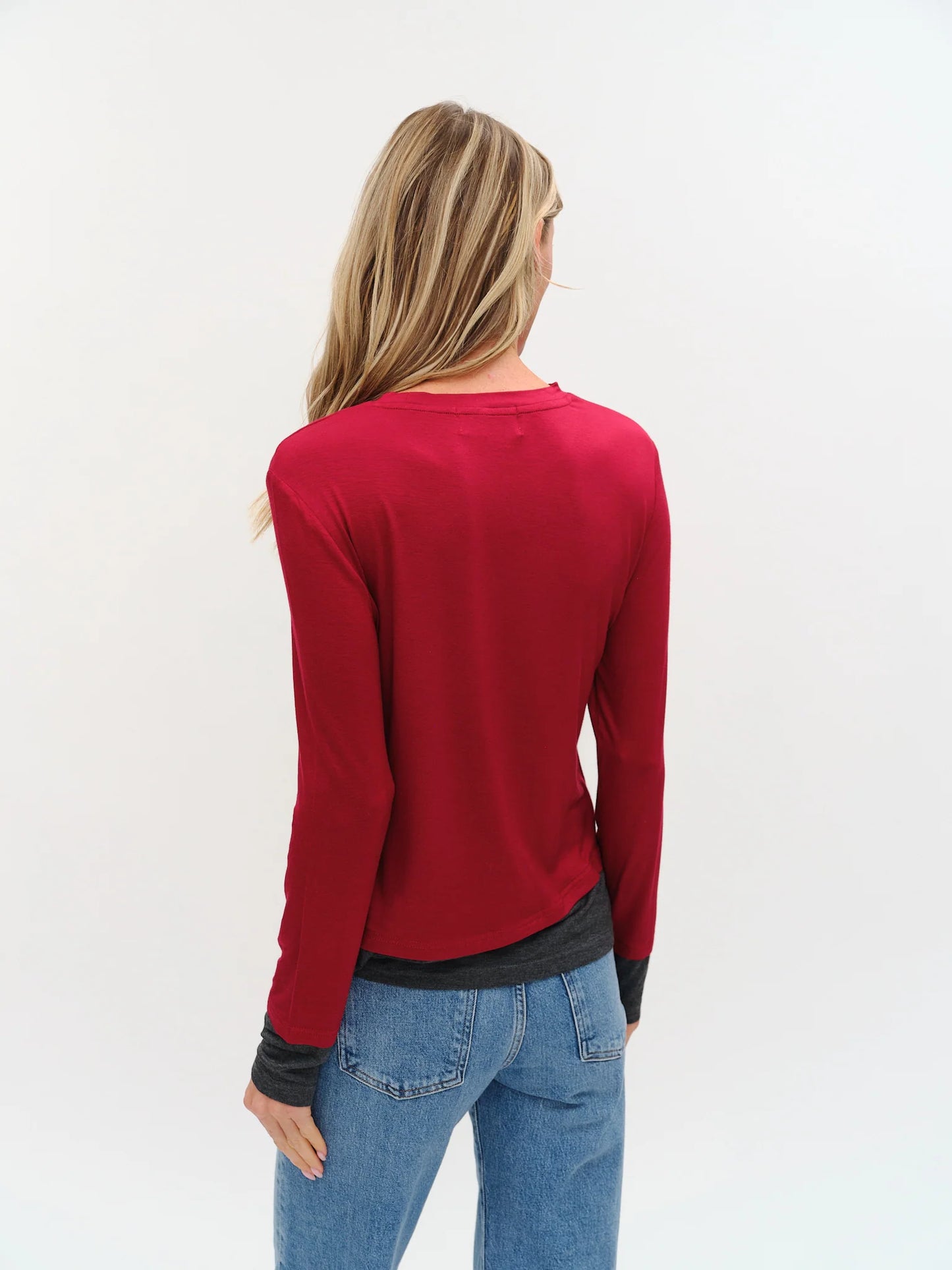 Sweater--"Izzy", Layered, Long Sleeves, Burgundy/Charcoal Grey (Six/Fifty)