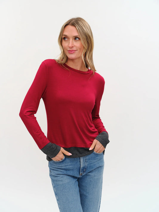 Sweater--"Izzy", Layered, Long Sleeves, Burgundy/Charcoal Grey (Six/Fifty)