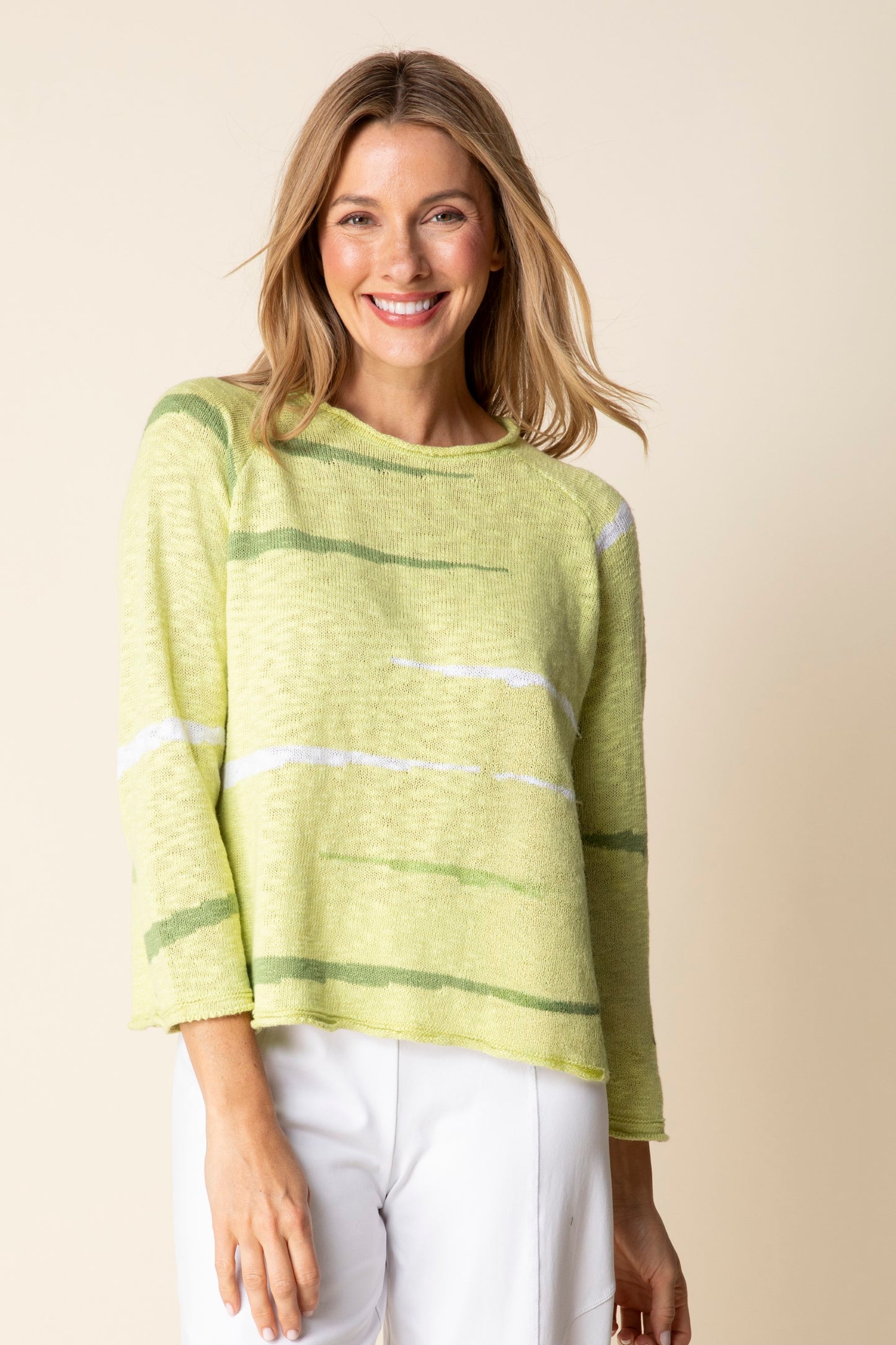 Sweater--"Boardwalk", 3/4-Sleeved, Cotton, Striated--Aloe (Habitat)