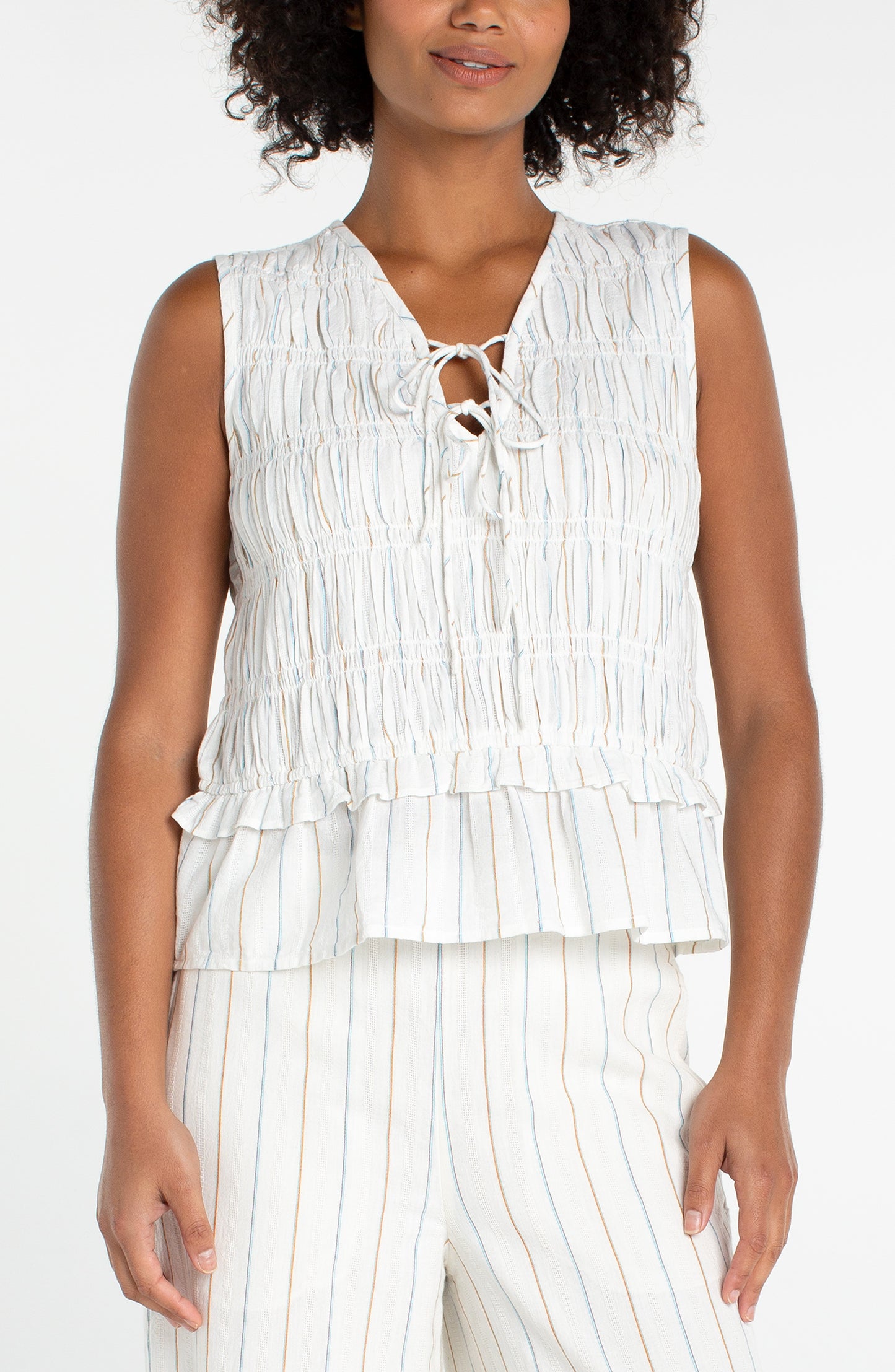 Shirt--Smocked, Tie-front, Sleeveless, Cream w/Light Blue (Liverpool LA)