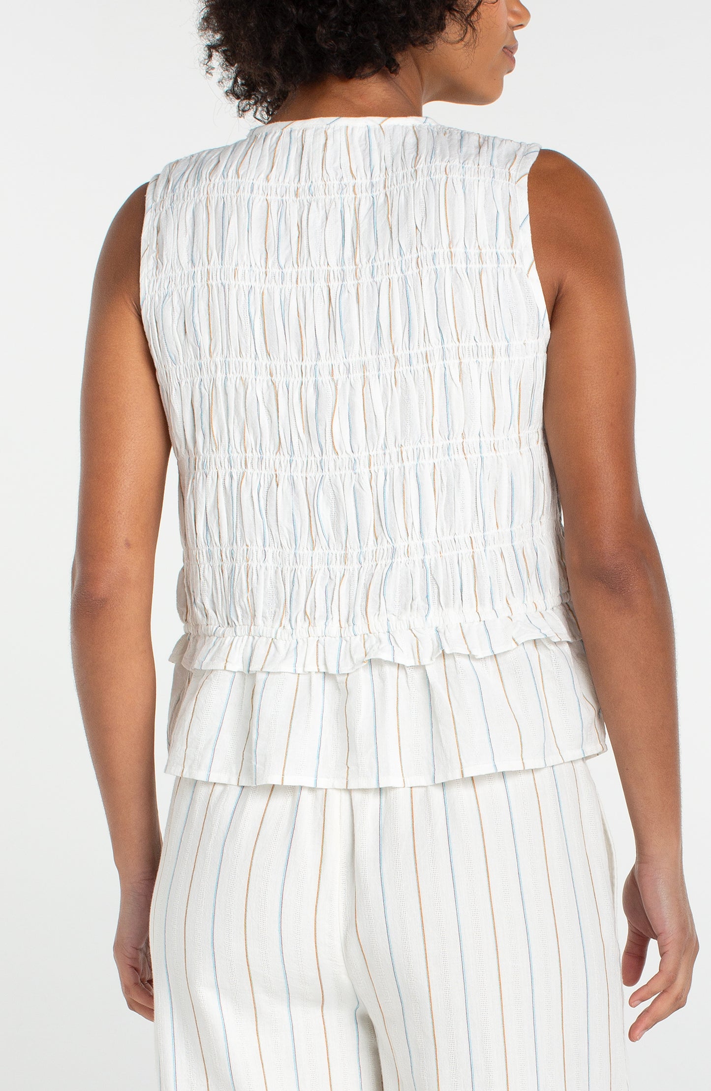 Shirt--Smocked, Tie-front, Sleeveless, Cream w/Light Blue (Liverpool LA)