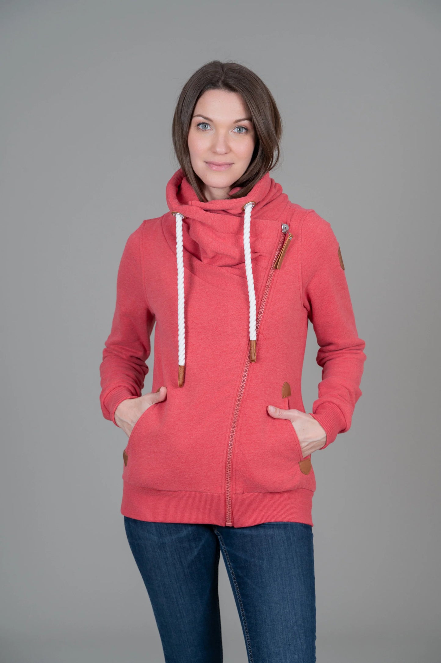 Sweatshirt--"Hestia", High Collar, Cross-ZIp, Maple Red (Wanakome)