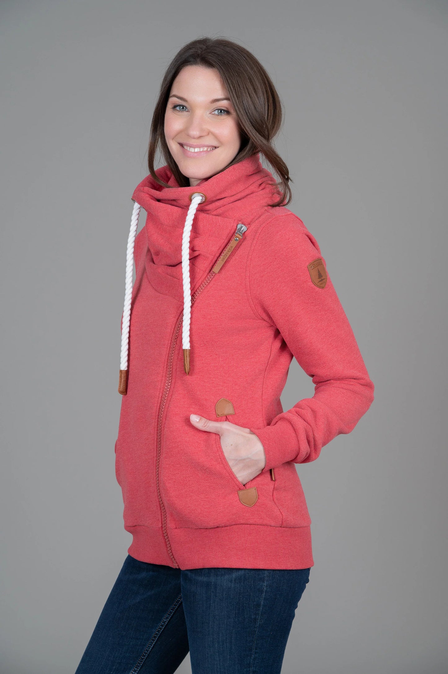Sweatshirt--"Hestia", High Collar, Cross-ZIp, Maple Red (Wanakome)