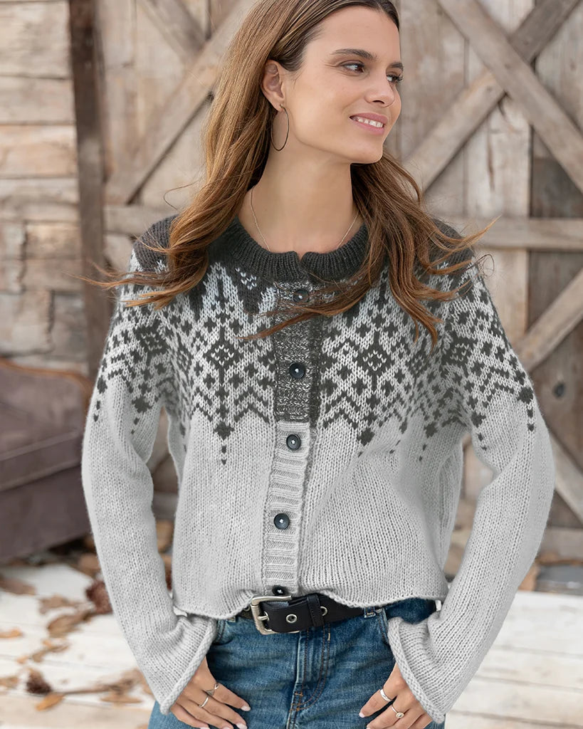 Sweater--"Chandelier Fair Isle", CARDIGAN, Chunky Knit, Brown-Brick/Black-- (Wooden Ships)