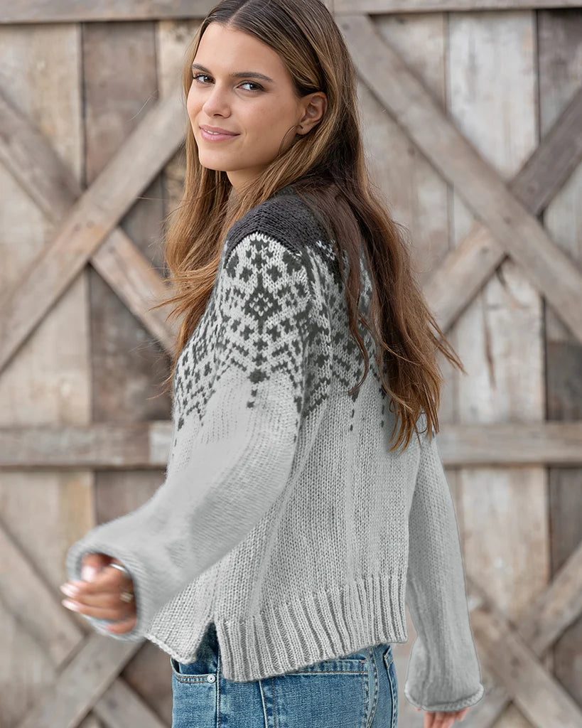 Sweater--"Chandelier Fair Isle", CARDIGAN, Chunky Knit, Brown-Brick/Black-- (Wooden Ships)