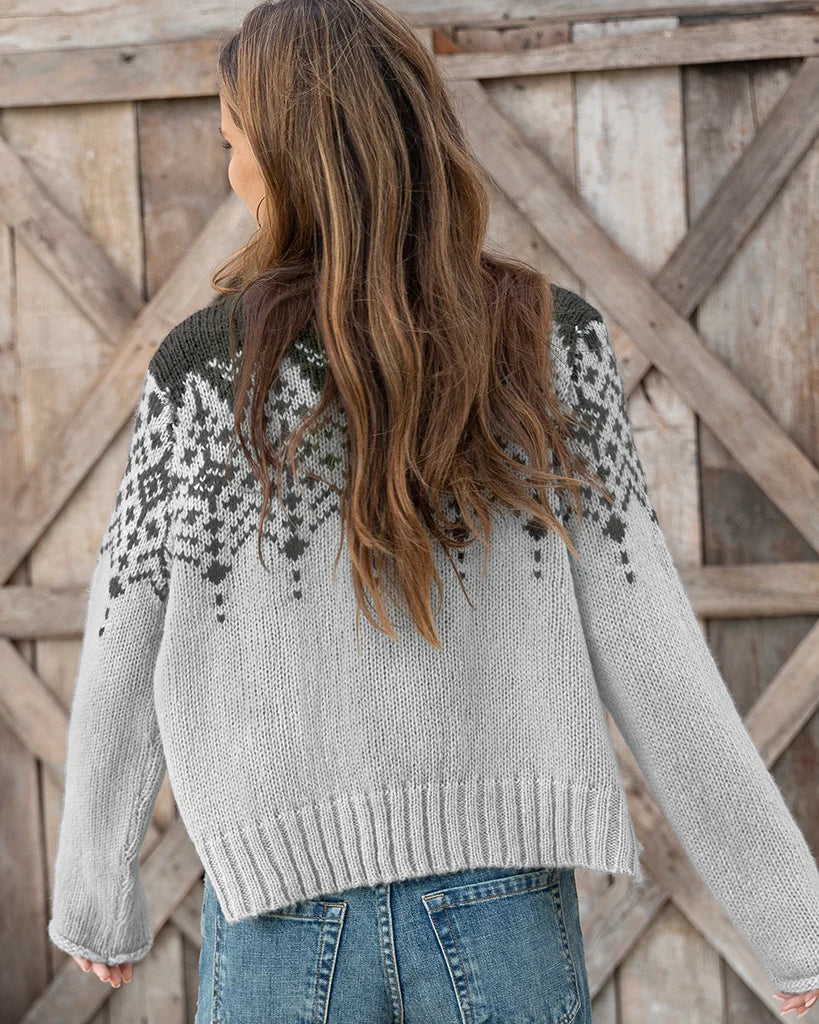 Sweater--"Chandelier Fair Isle", CARDIGAN, Chunky Knit, Brown-Brick/Black-- (Wooden Ships)