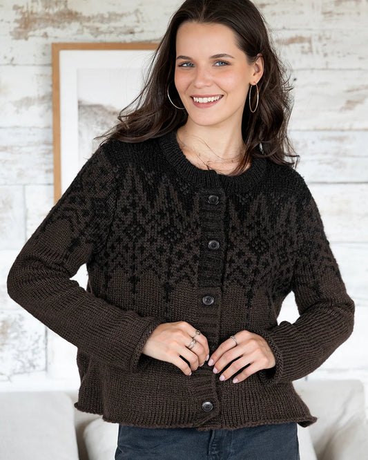 Sweater--"Chandelier Fair Isle", CARDIGAN, Chunky Knit, Brown-Brick/Black-- (Wooden Ships)