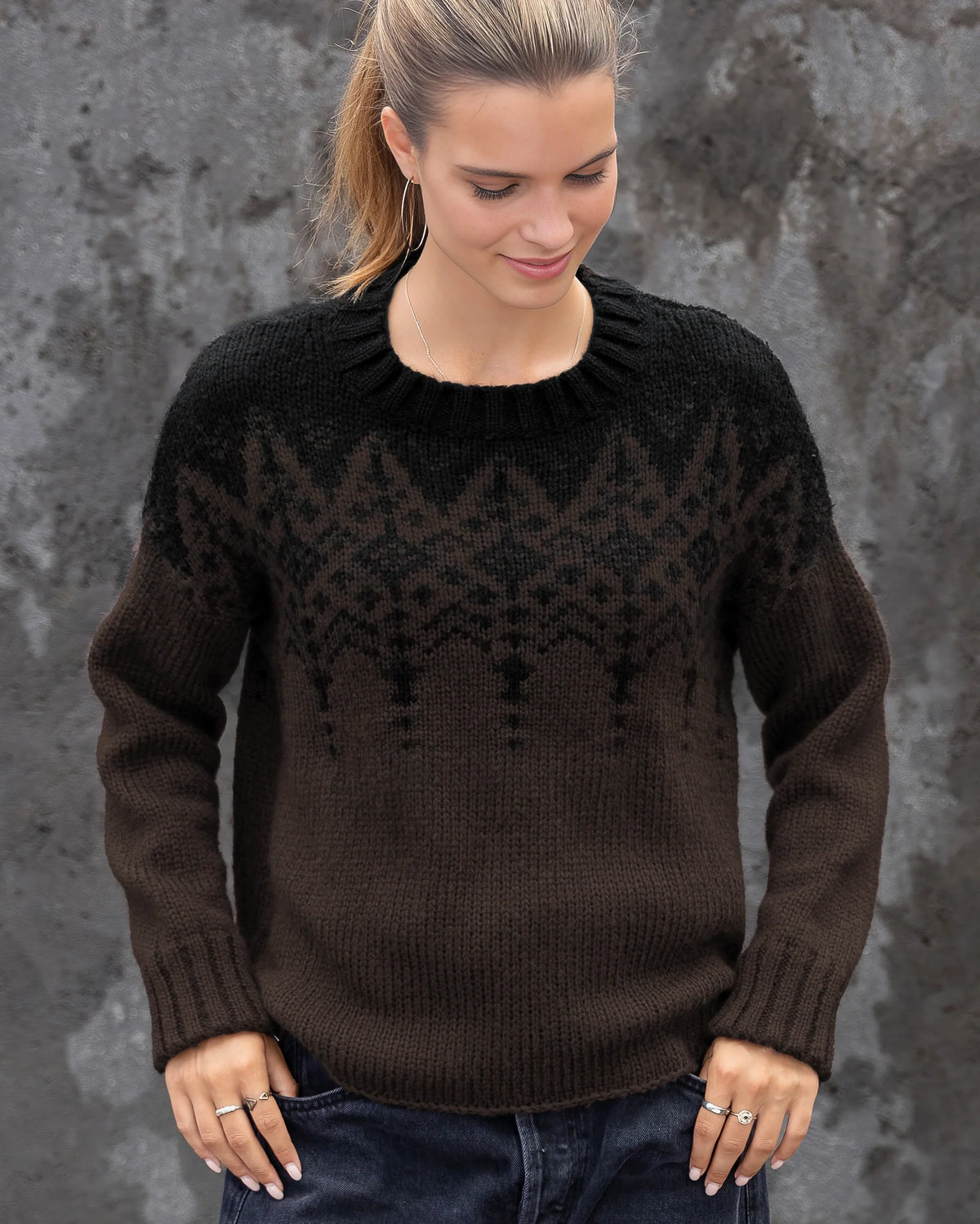 Sweater--"Chandelier Fair Isle", CARDIGAN, Chunky Knit, Brown-Brick/Black-- (Wooden Ships)