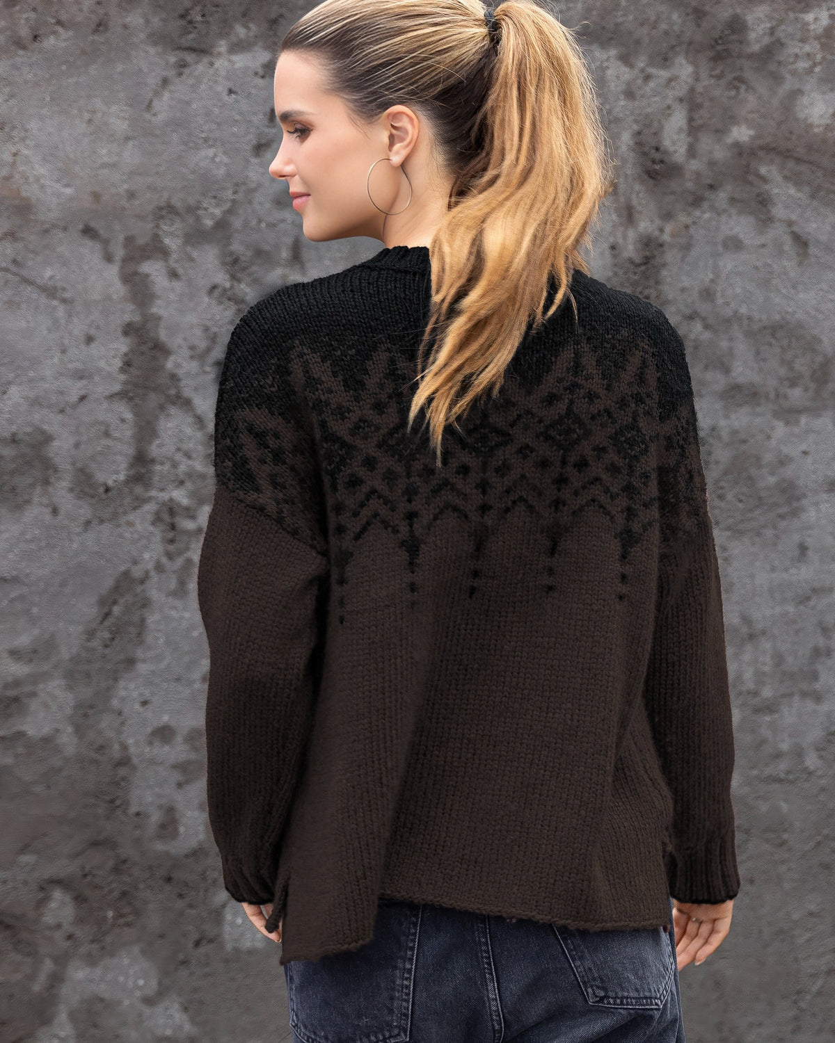 Sweater--"Chandelier Fair Isle", CARDIGAN, Chunky Knit, Brown-Brick/Black-- (Wooden Ships)