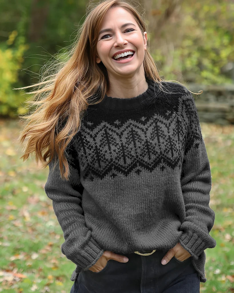 Sweater--"Pine Tree Fair Isle", Crew, Chunky Knit, "Glasgow"--Pine Green/Brown-Brick (Wooden Ships)