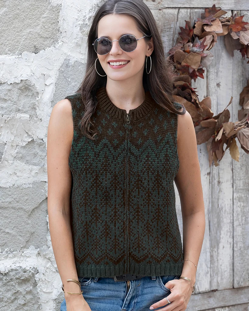 Sweater--"Pine Tree Fair Isle", Crew, Chunky Knit, "Glasgow"--Pine Green/Brown-Brick (Wooden Ships)