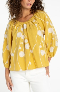 Blouse--"Island",Smock, 3/4 Sleeve, Yellow w/Cream (Liverpool LA)