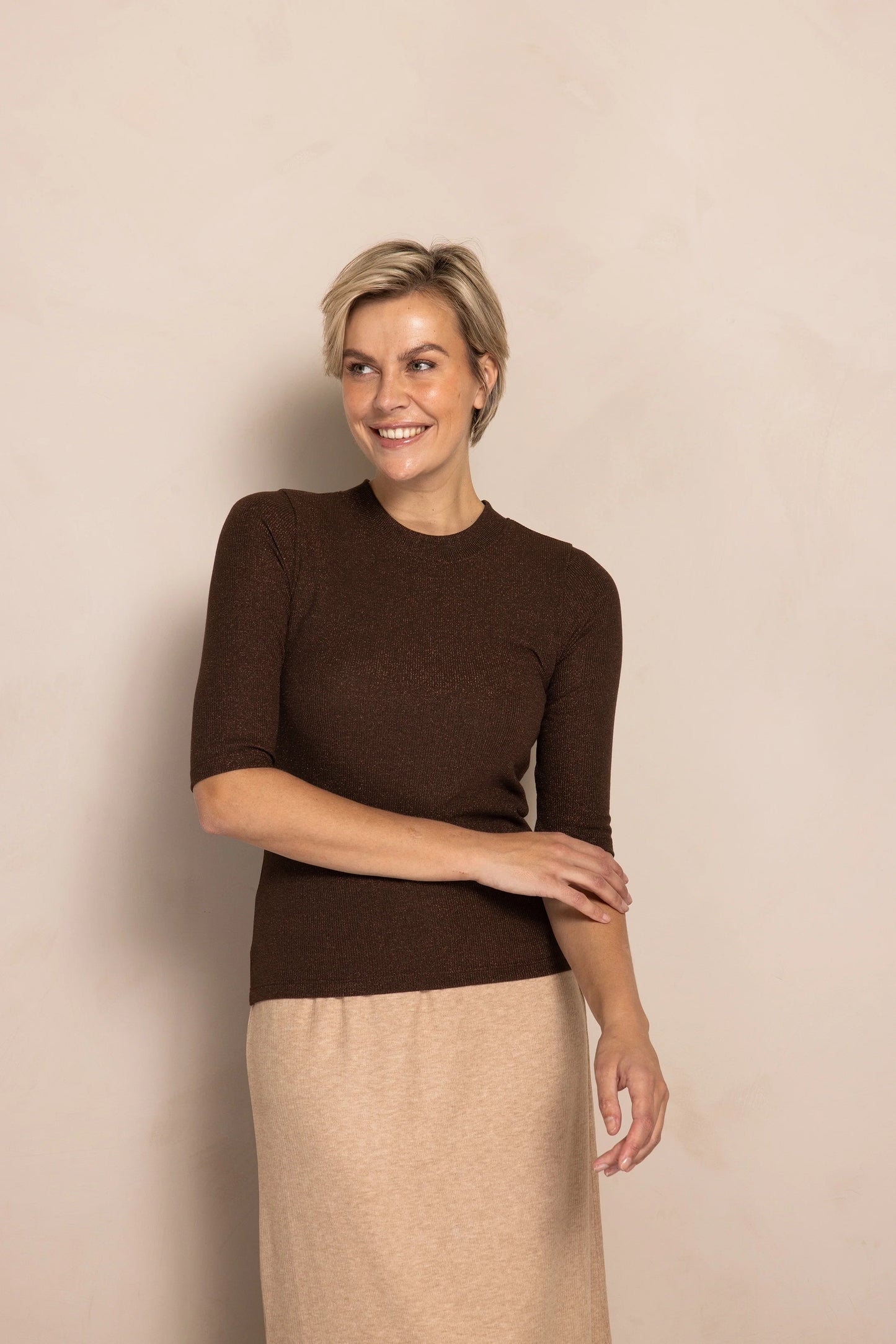 Top--"Zhanyon", Short Sleeved, Brown (Zhrill)